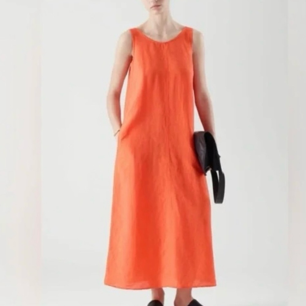 COS Low-Cut Back Linen Midi Dress Orange Sz XS - Picture 2 of 12